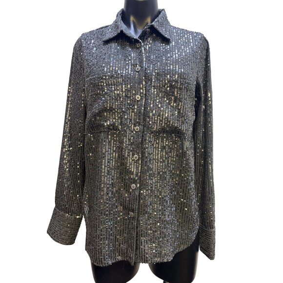NWT Anthropologie Gray Sequin Blouse M - Picture 1 of 6
